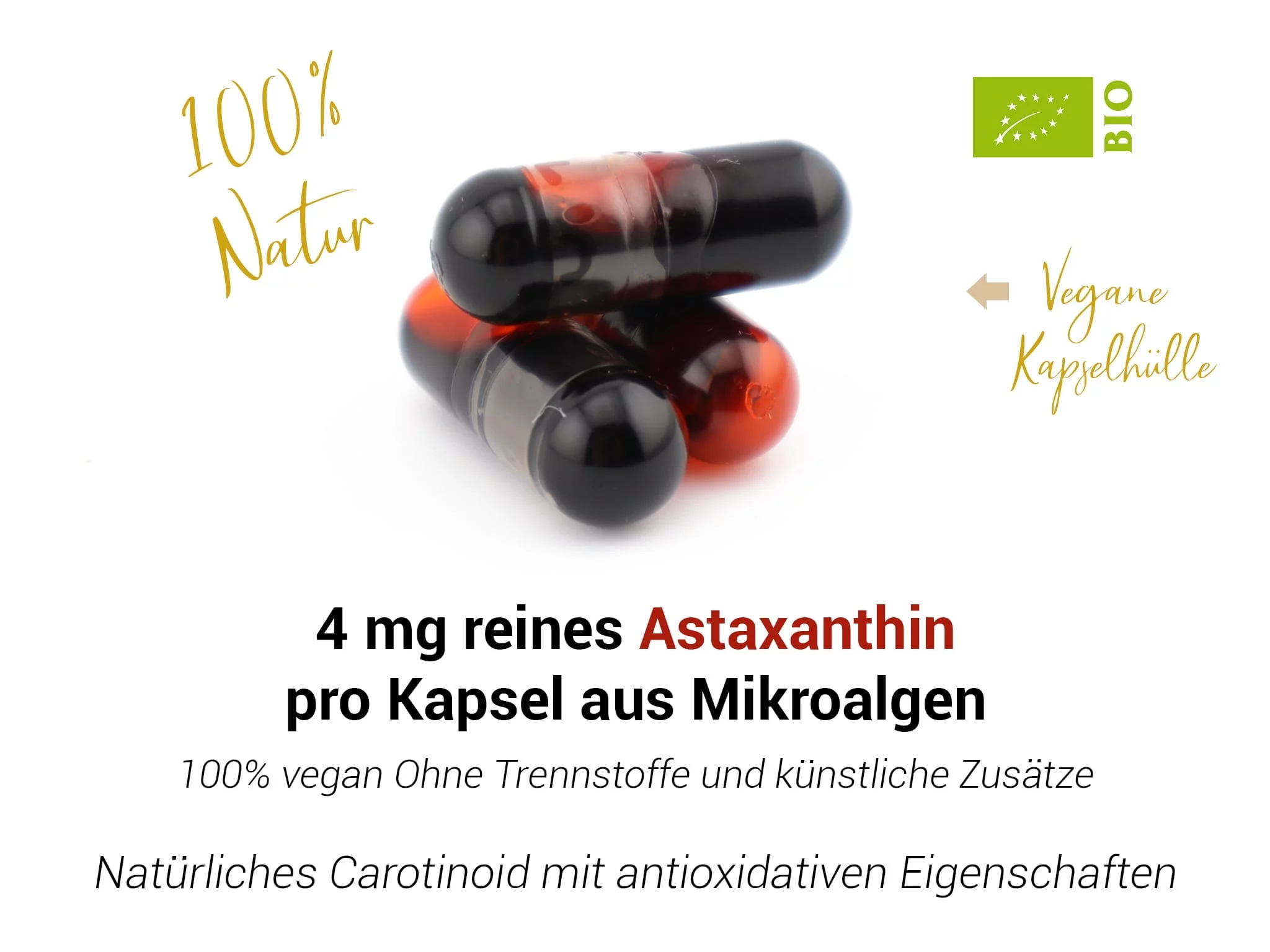 BIO Astaxanthin Kapseln als Doppelpack in weiterer Produktansicht auf hellem Hintergrund