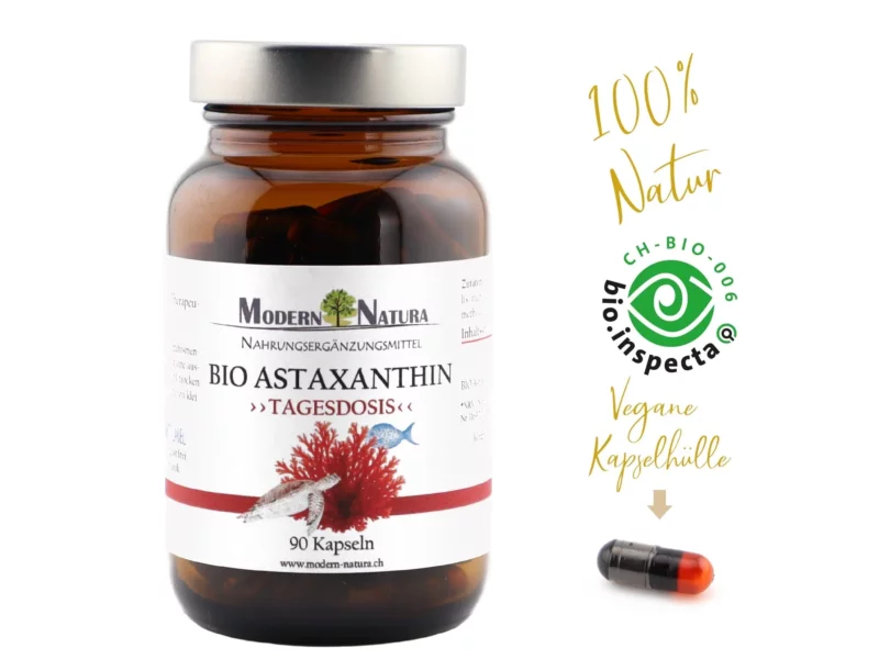 BIO Astaxanthin Kapseln im Glas als vollständige Produktansicht auf hellem Hintergrund