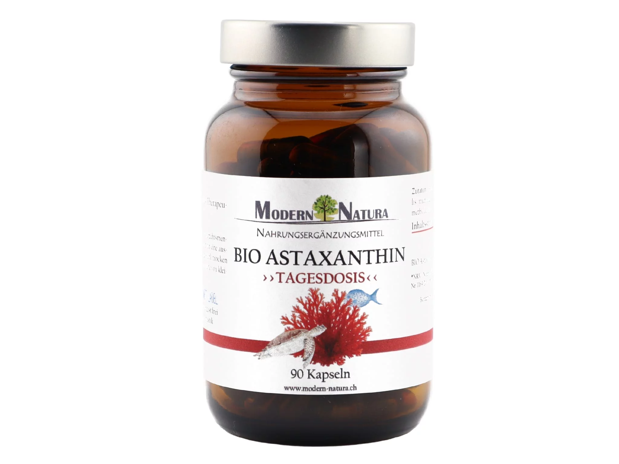 BIO Astaxanthin Kapseln im Glas in zusätzlicher Produktansicht auf hellem Hintergrund