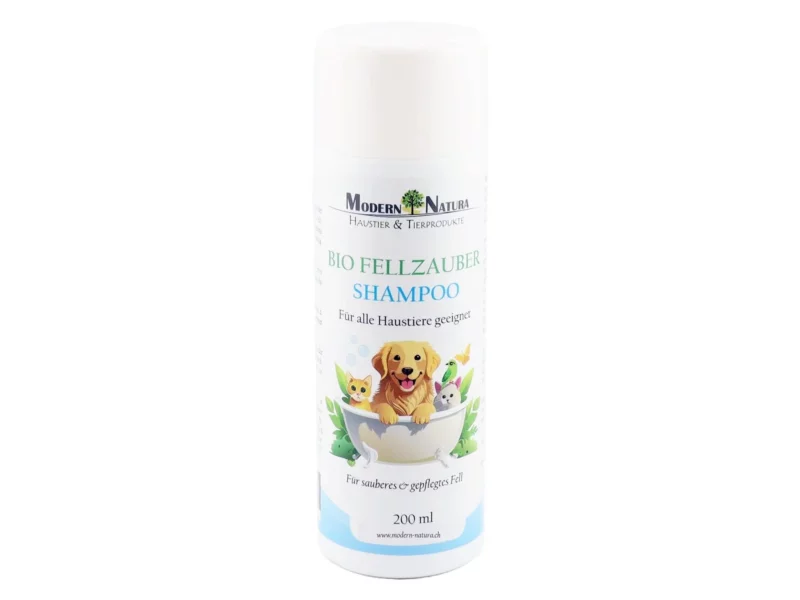 Organic Fellzauber Pet Shampoo in a white bottle with animal illustration on a white background
