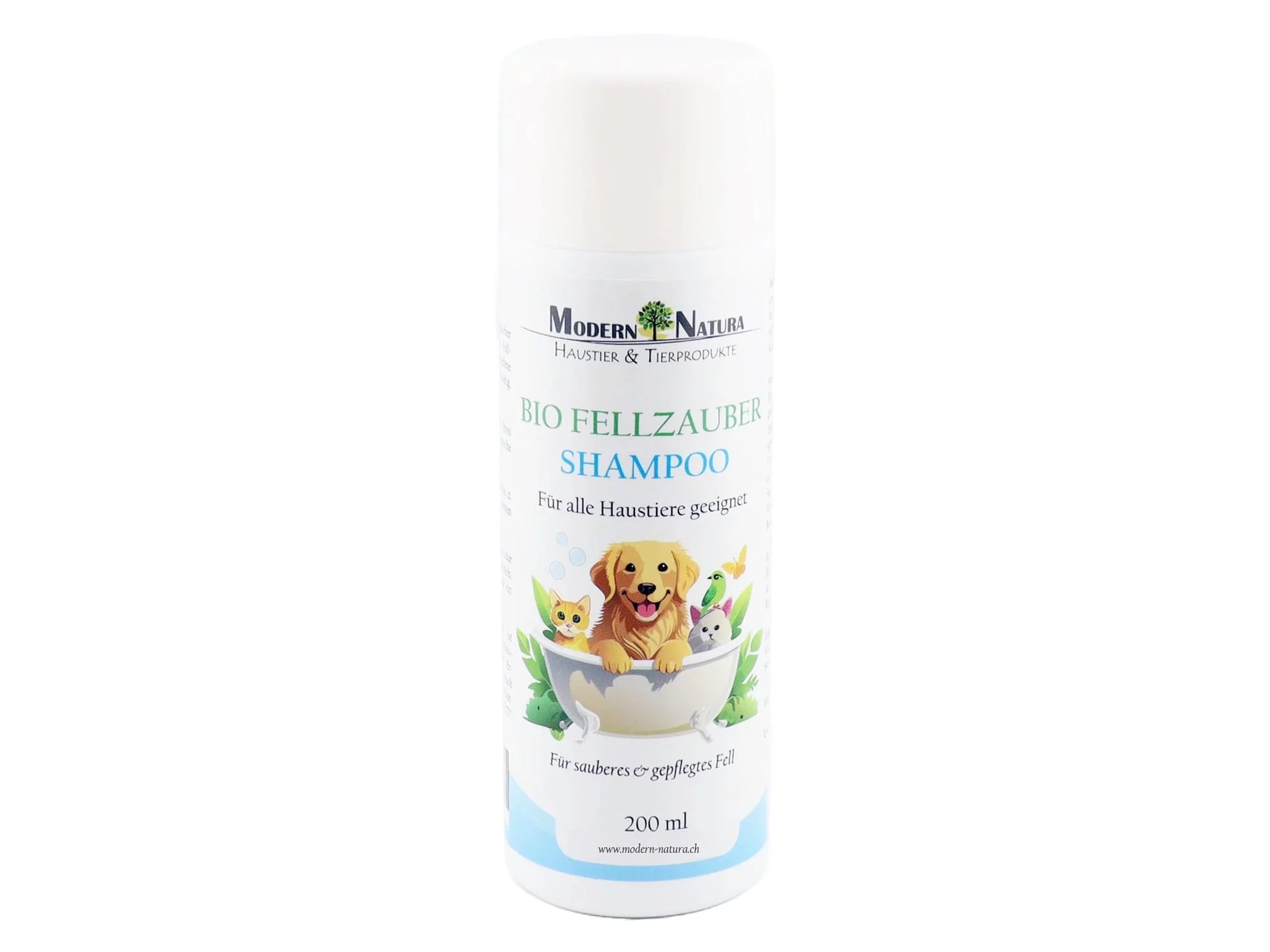 Organic Fellzauber Pet Shampoo in a white bottle with animal illustration on a white background