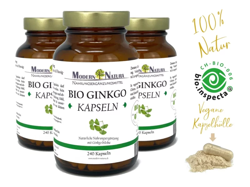 Ginkgo Biloba Kapseln Dreierpack als Produktansicht mit drei Bio-Kapselgläsern