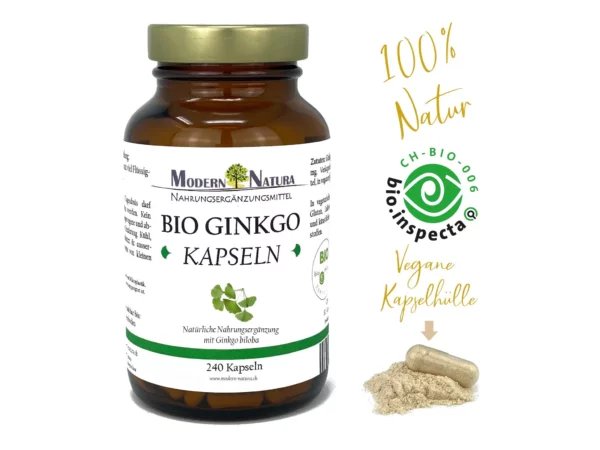 Bio Ginkgo Biloba Kapseln im Einzelglas mit 240 Kapseln, Hauptansicht der Produktverpackung