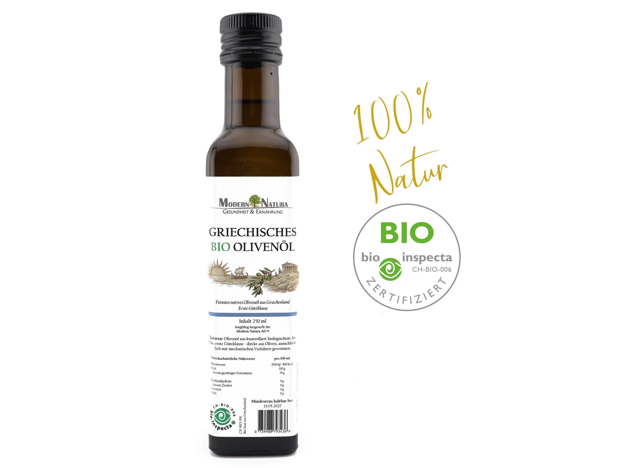 BIO Griechisches Olivenöl vom Peloponnes in der Flaschenansicht mit Etikett