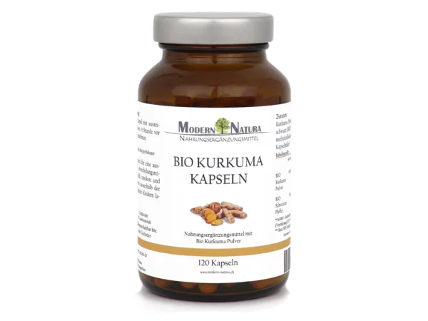 Bio Kurkuma Kapseln im Braunglas mit schwarzem Pfeffer in einer weiteren Produktansicht