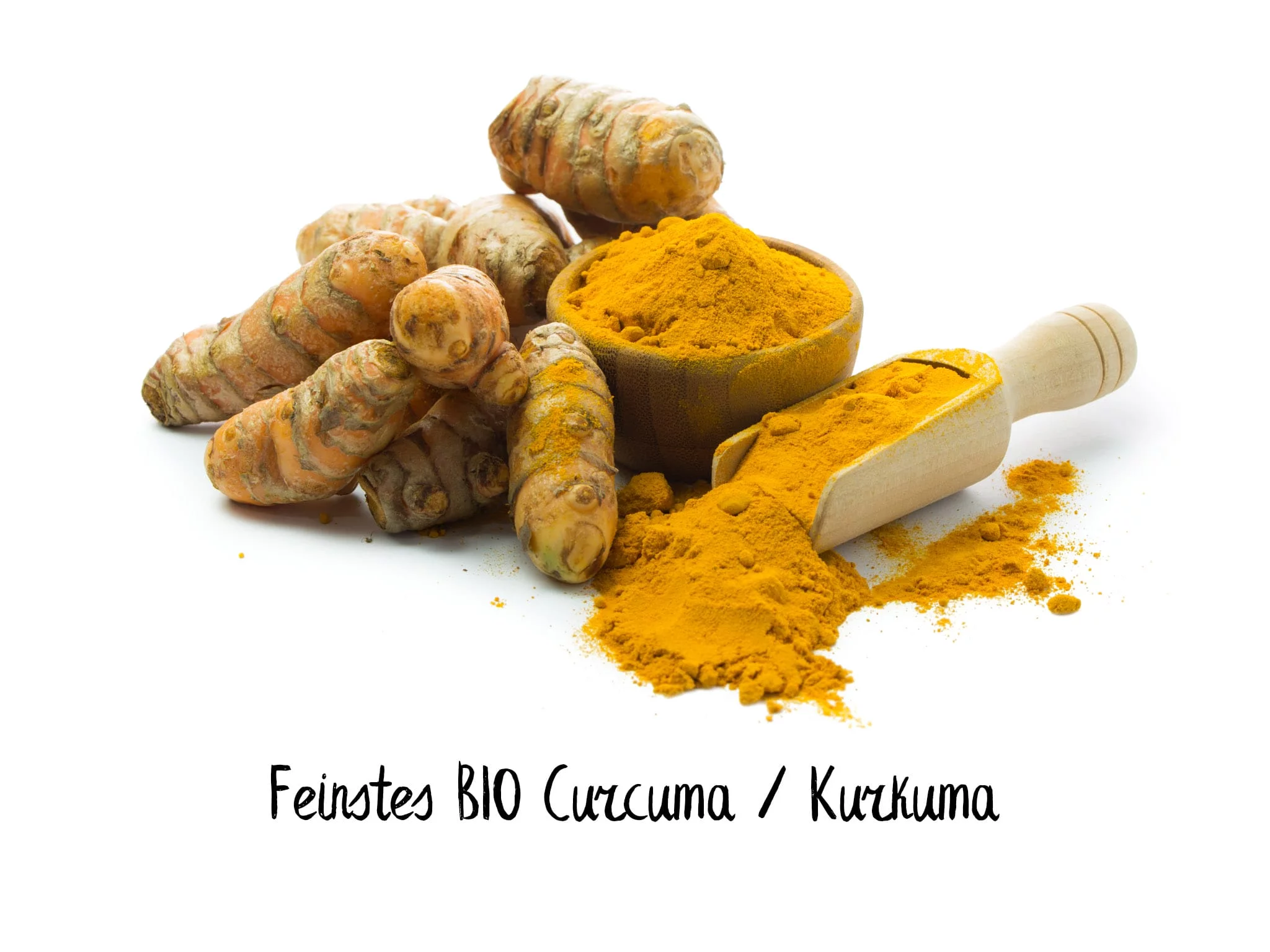 Kurkuma Curcuma Kapseln mit Darstellung der Kurkuma-Wurzel und gelbem Gewürzpulver