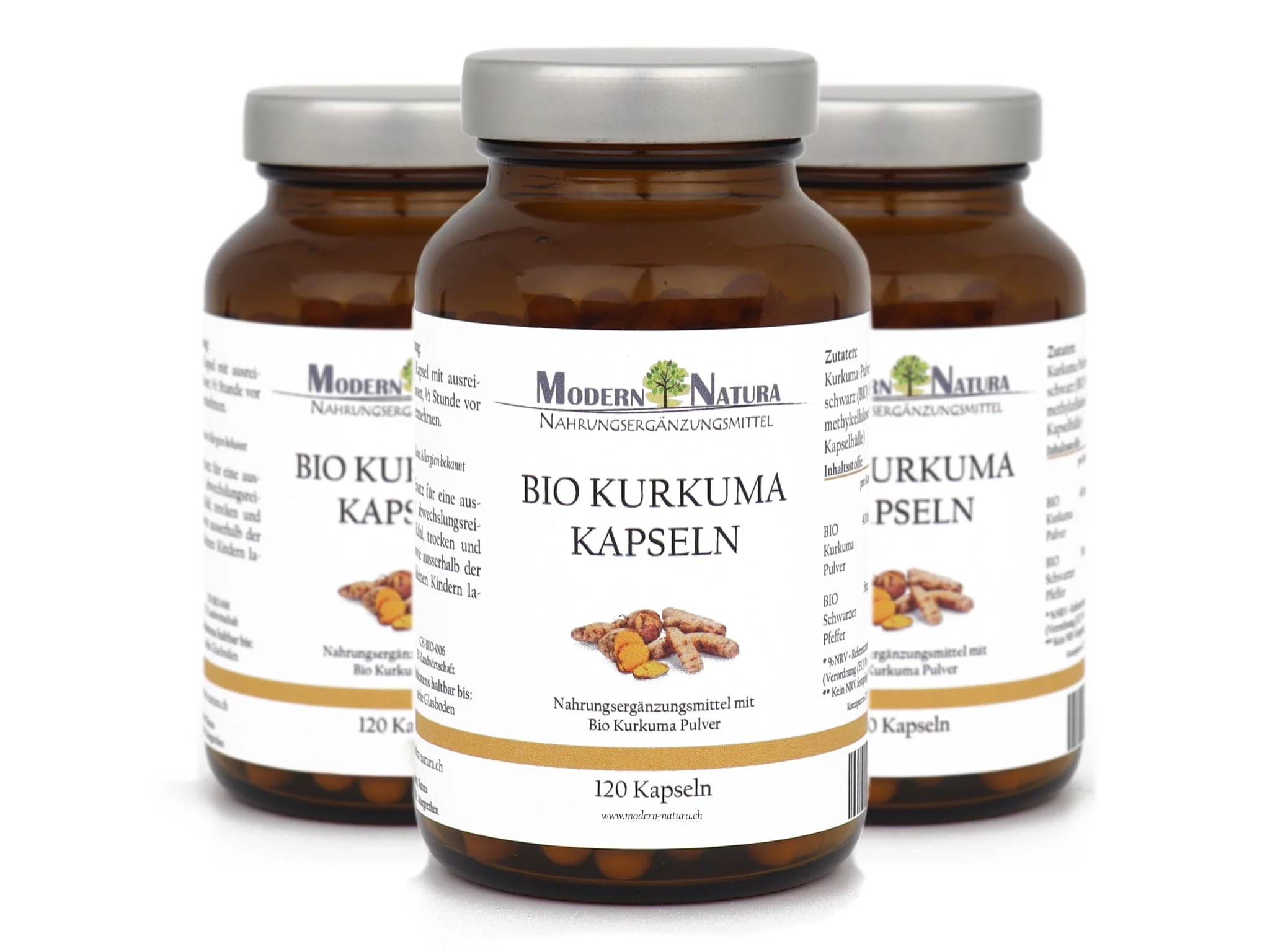 Organic Turmeric Capsules Triple Pack in brown glass jars with product labels in frontal view