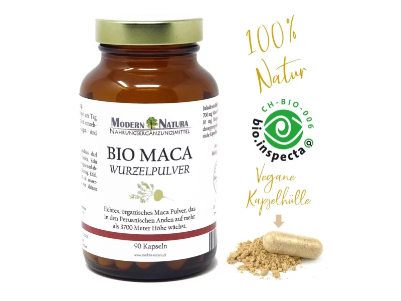 Bio Maca Kapseln im Einzelglas, Hauptansicht der Packung mit 90 veganen Kapseln