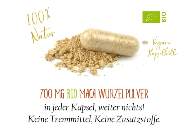 Gélules de maca bio avec mention de 700 mg de poudre de maca par gélule végétarienne
