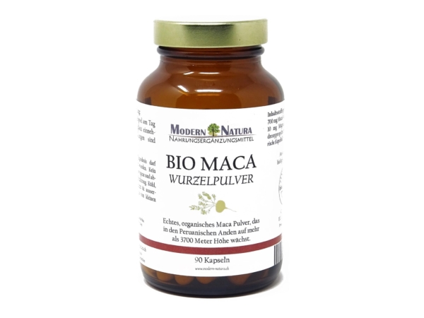 Gélules de maca bio en bocal, vue produit complémentaire avec détails de l’emballage