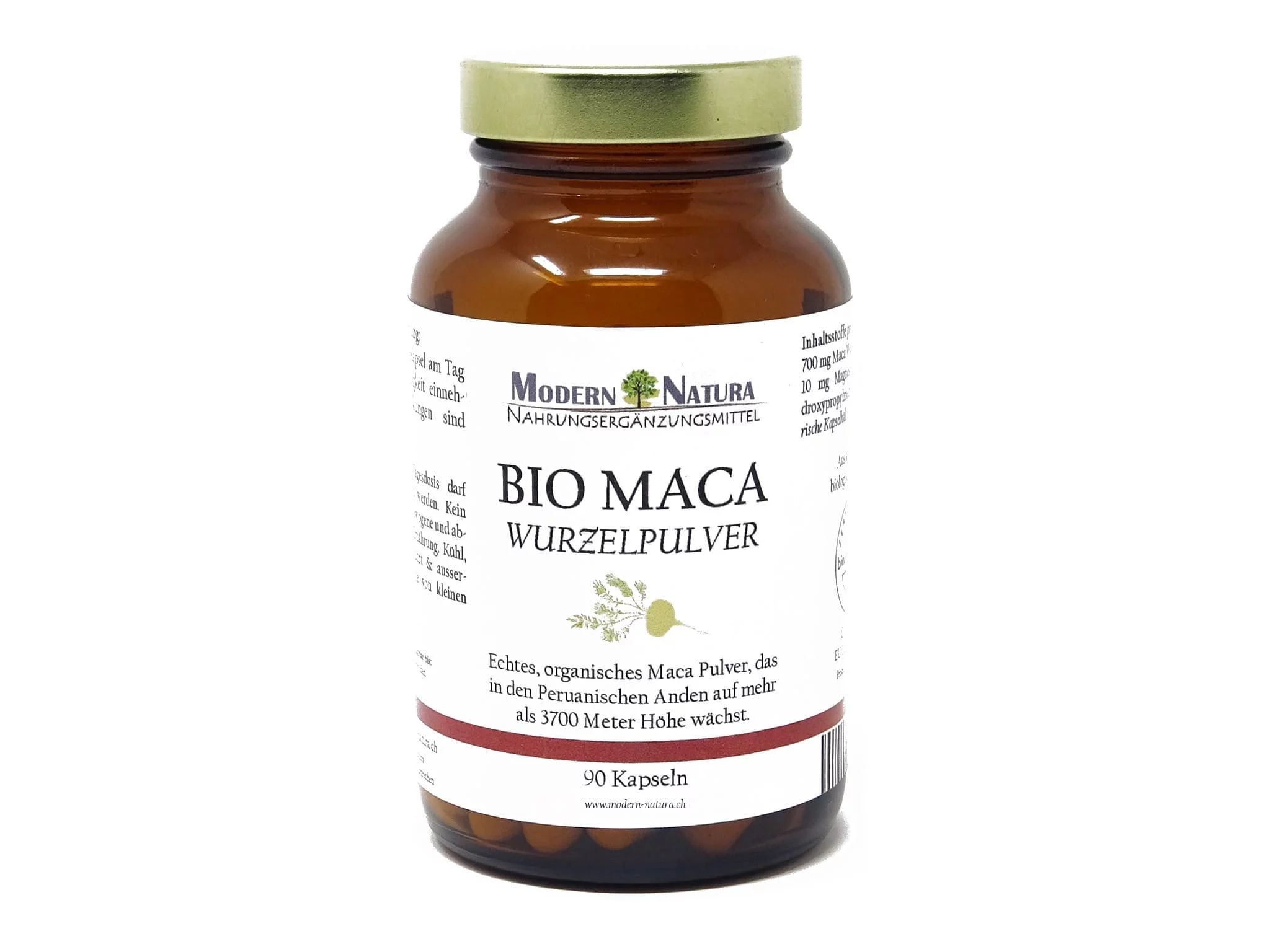 Organic maca capsules in a glass jar as an additional product view with packaging details