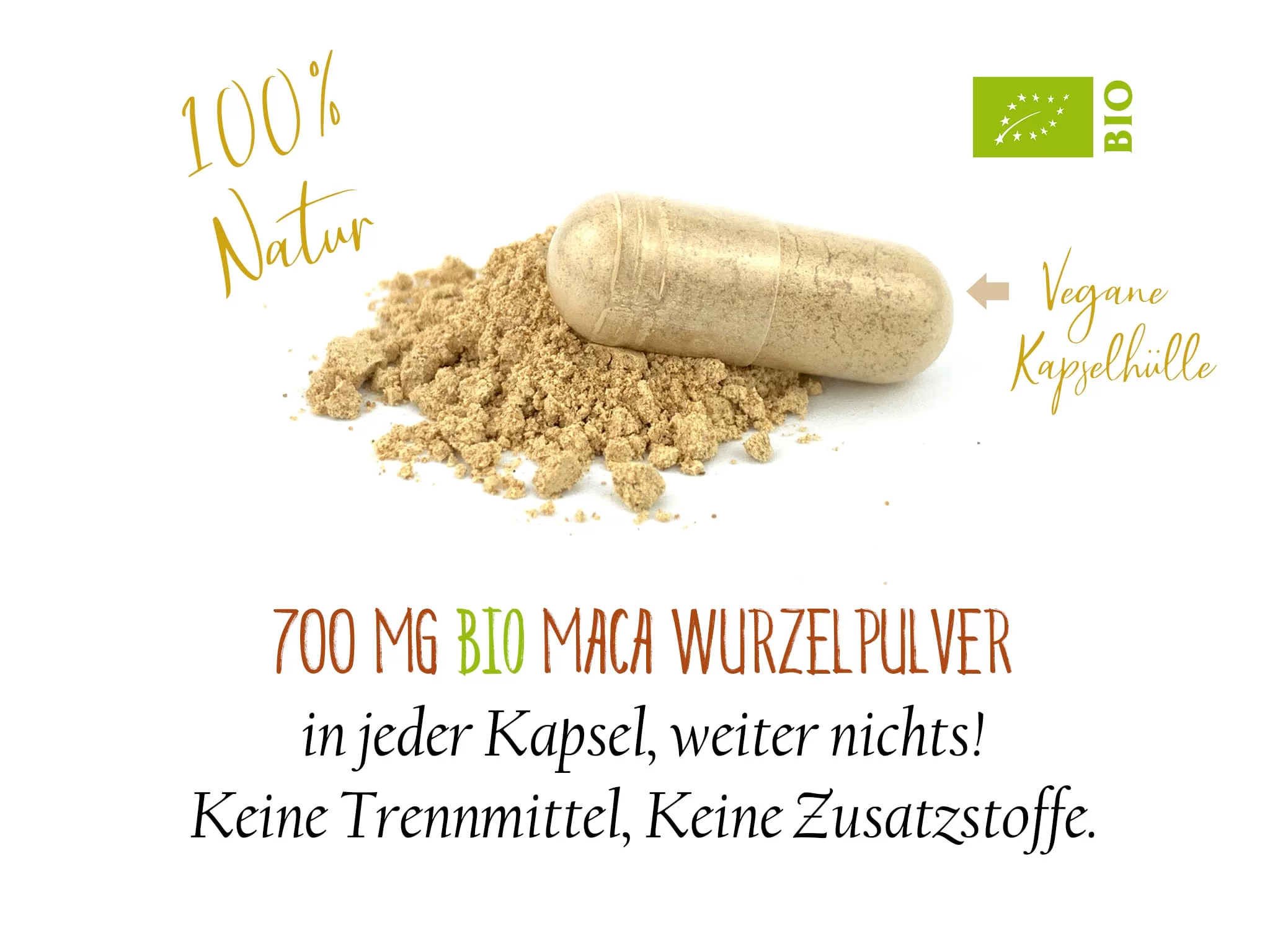 Organic maca capsules with a note of 700 mg maca powder per capsule in the product view