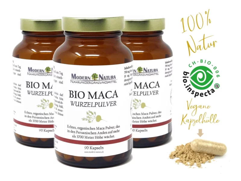 Bio Maca Kapseln Dreierpack mit drei Packungen à 90 Kapseln in der Hauptansicht