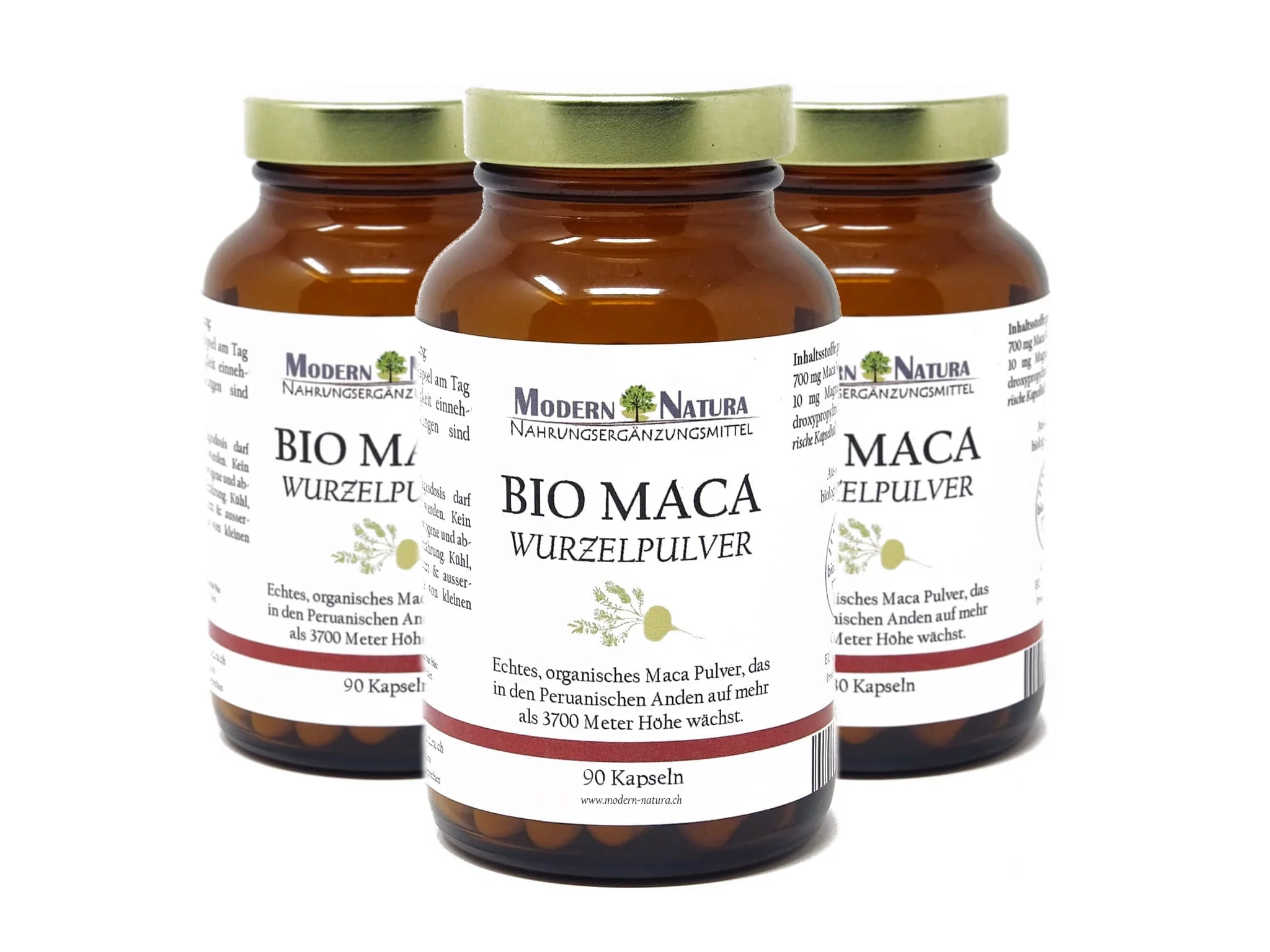 Organic maca capsules in a triple pack with vegan and gluten-free product labeling
