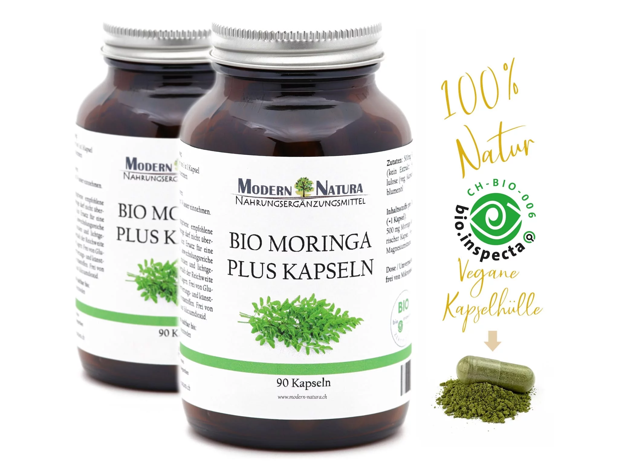 Bio Moringa Oleifera Kapseln Doppelpack mit zwei Braungläsern in der Hauptansicht