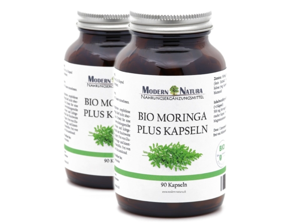 Organic Moringa Oleifera Capsules Double Pack in two light-protected brown glass jars