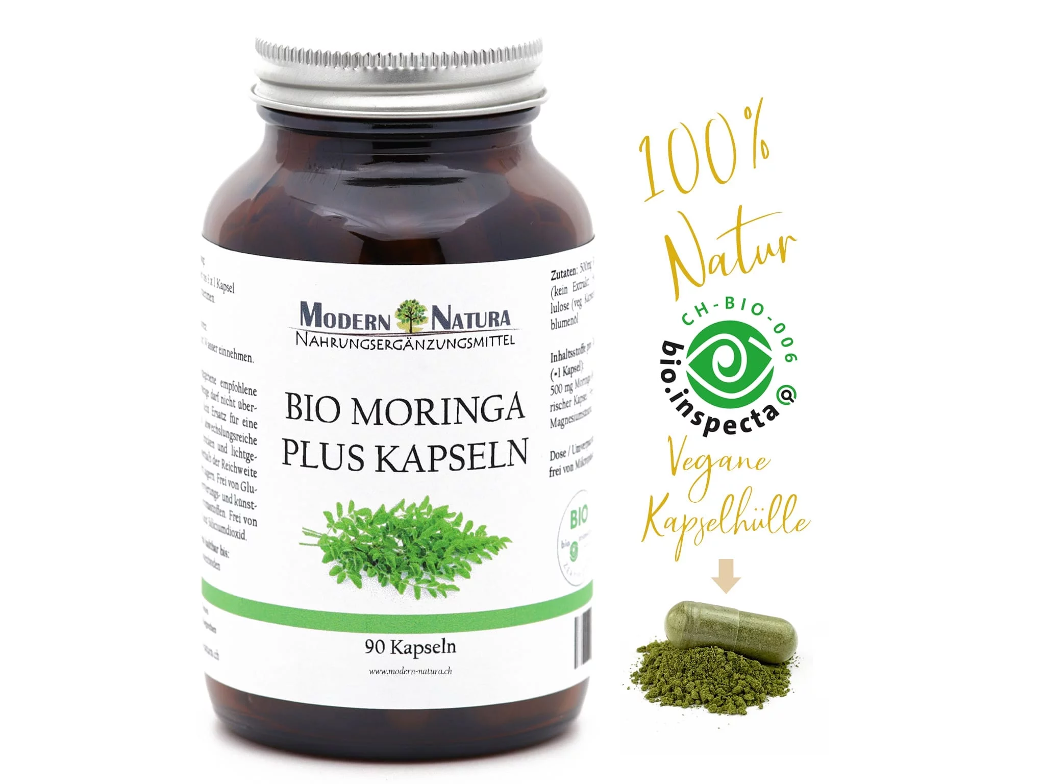 Bio Moringa Oleifera Kapseln im Einzelglas, Produktansicht gemäss Dateibezeichnung