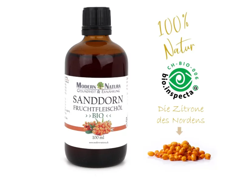 Bio Sanddornöl Produktansicht mit Flasche und kaltgepresstem Fruchtfleischöl