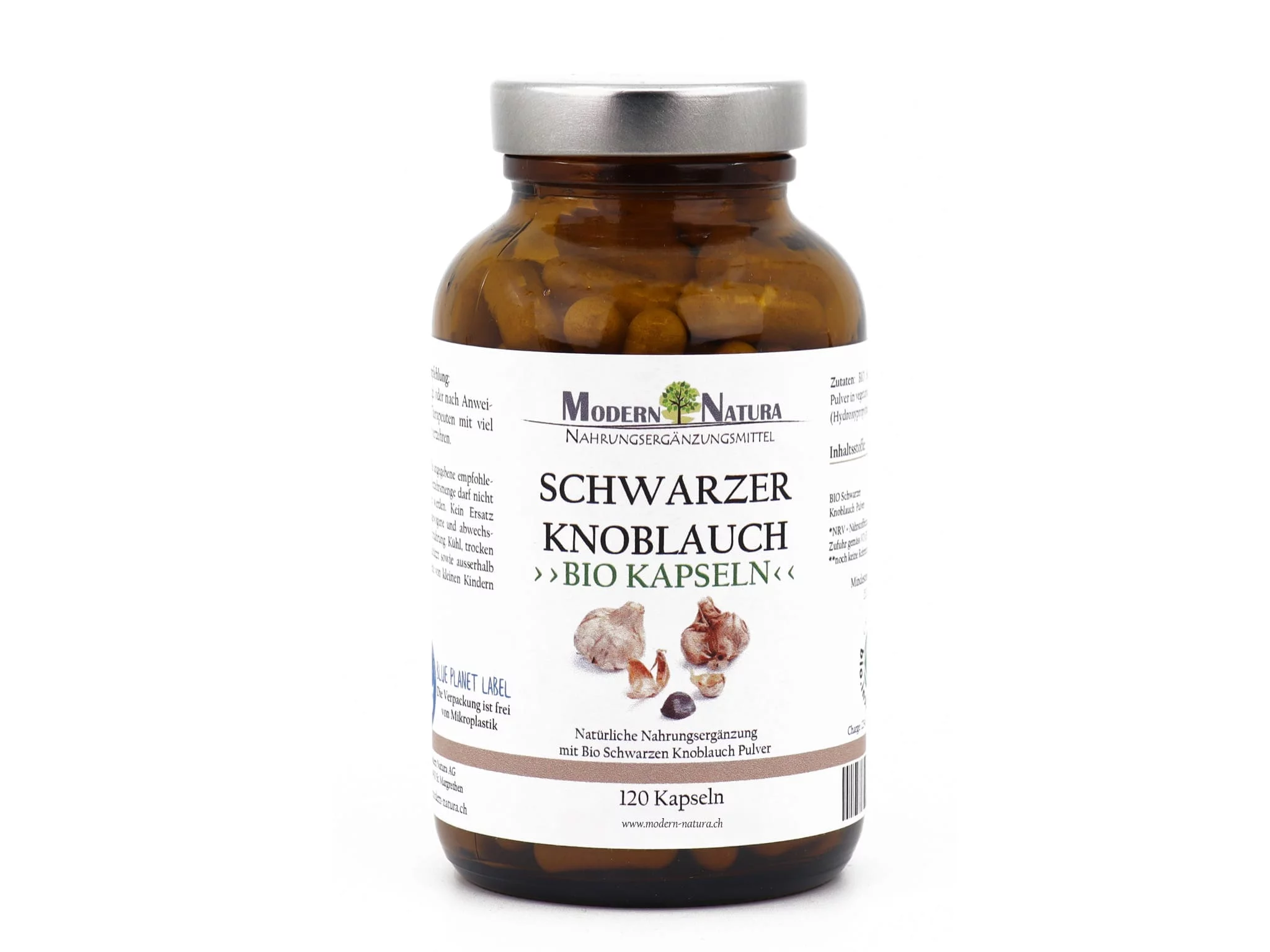 Schwarzer Knoblauch Kapseln im Glas, weitere Ansicht der Einzelpackung