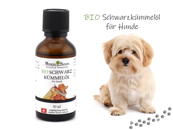 Huile de cumin noir bio pour chiens dans une autre vue du produit de 50 ml
