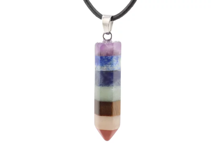 Chakra 7 Point Stone Pendant with colored gemstone segments and black necklace