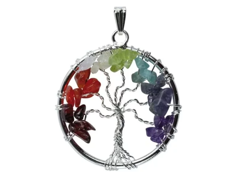 Chakra Tree of Life pendant with seven colorful stone chips in a round metal setting