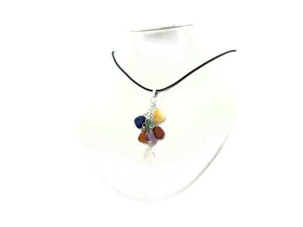 Chakra Edelstein Anhänger in Gesamtansicht an schwarzem Halsband auf weisser Büste