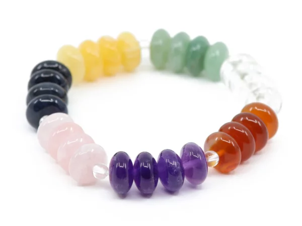 Chakra Edelsteinarmband in Nahansicht mit violetten, rosa und orangefarbenen Perlen