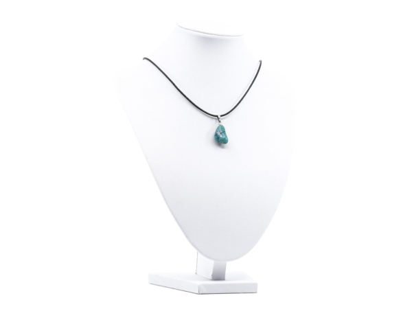 Chrysocolla gemstone pendant as necklace view on white jewelry display with black cord