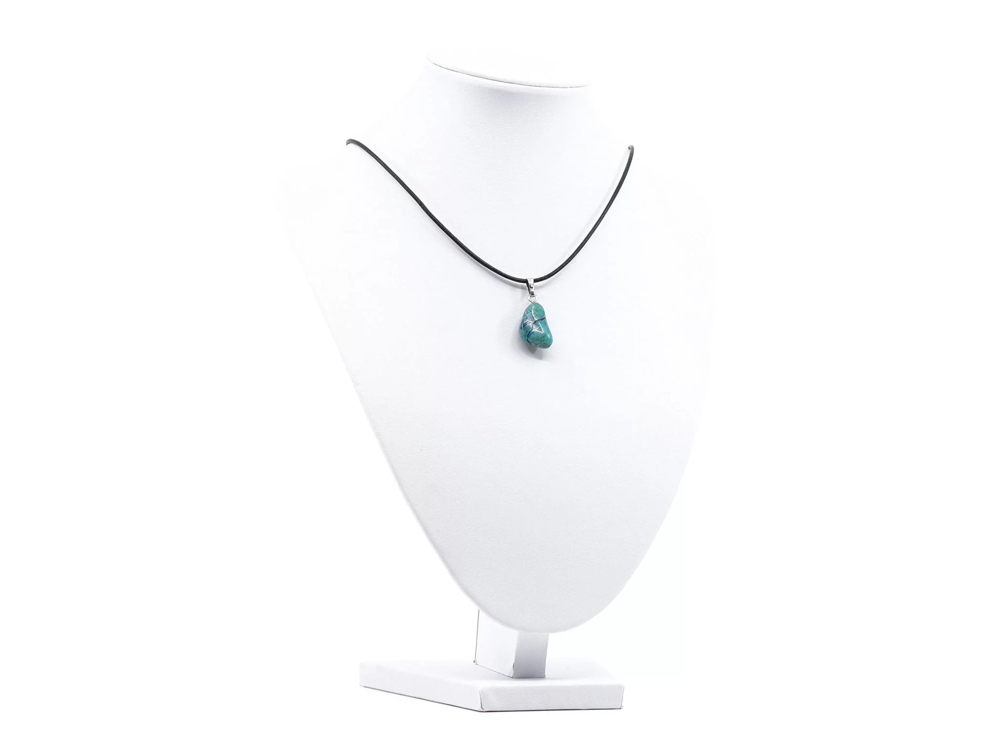 Chrysocolla gemstone pendant as necklace view on white jewelry display with black cord