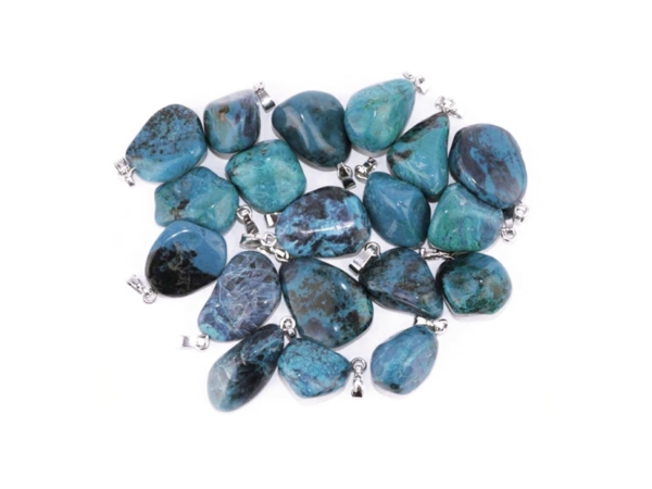 Chrysocolla gemstone pendants in various blue-green natural stone shapes with silver bails