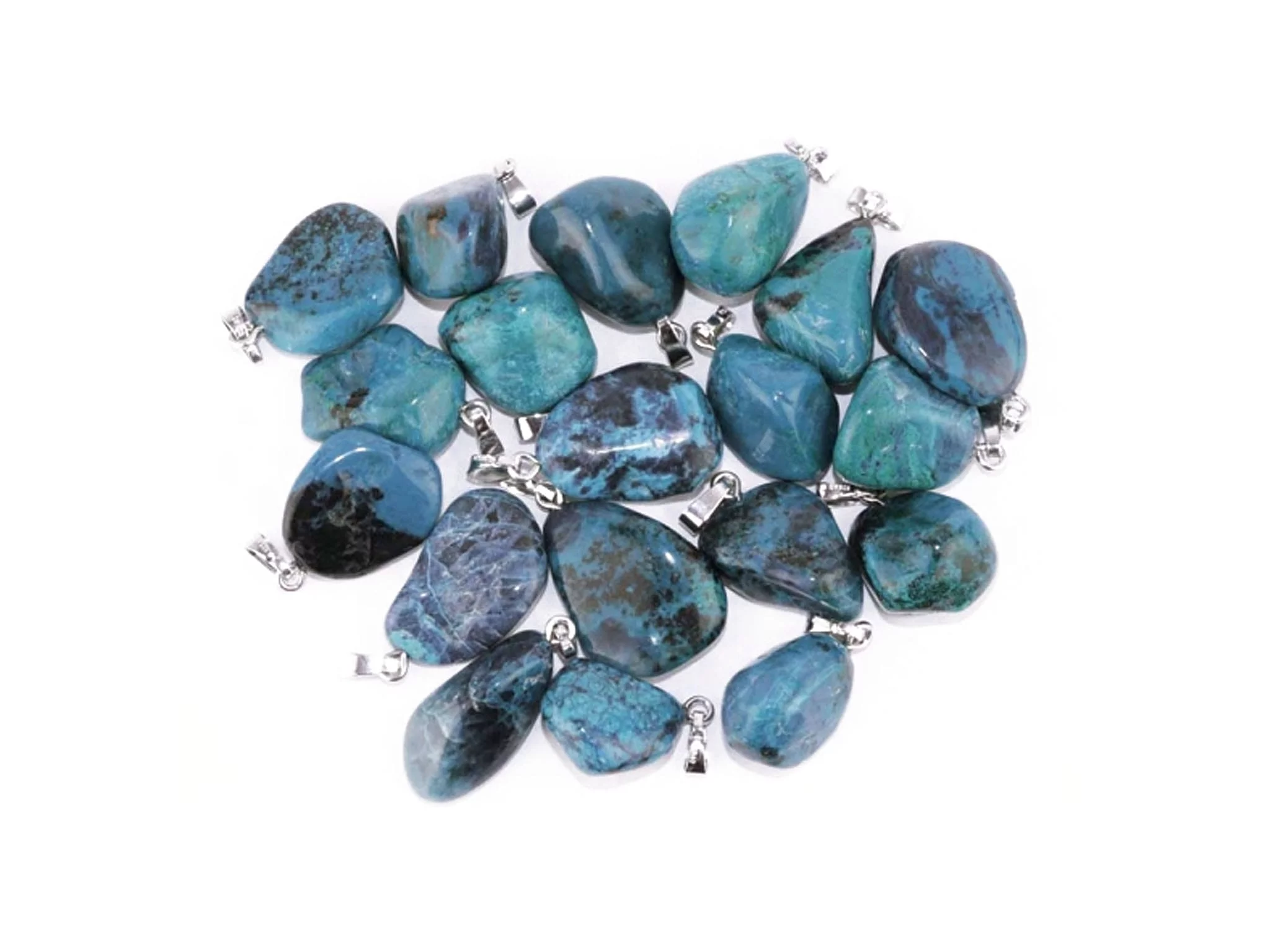 Chrysocolla gemstone pendants in various blue-green natural stone shapes with silver bails