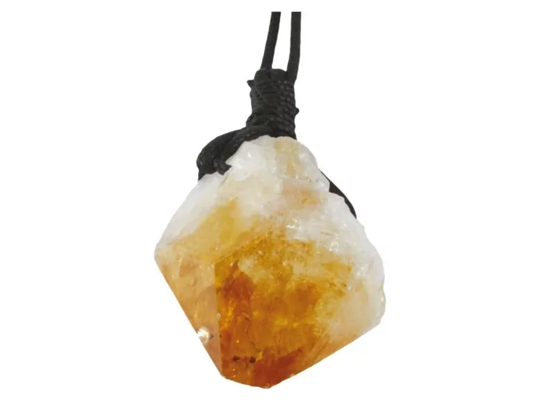 Citrine crystal pendant in yellow-orange raw form with black fabric cord on a white background