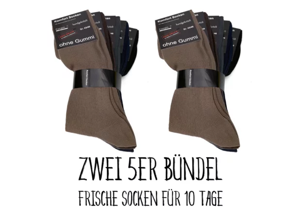 Baumwoll Komfort Socken in zwei 5er-Bündeln mit gedeckter Farbmischung auf weissem Hintergrund