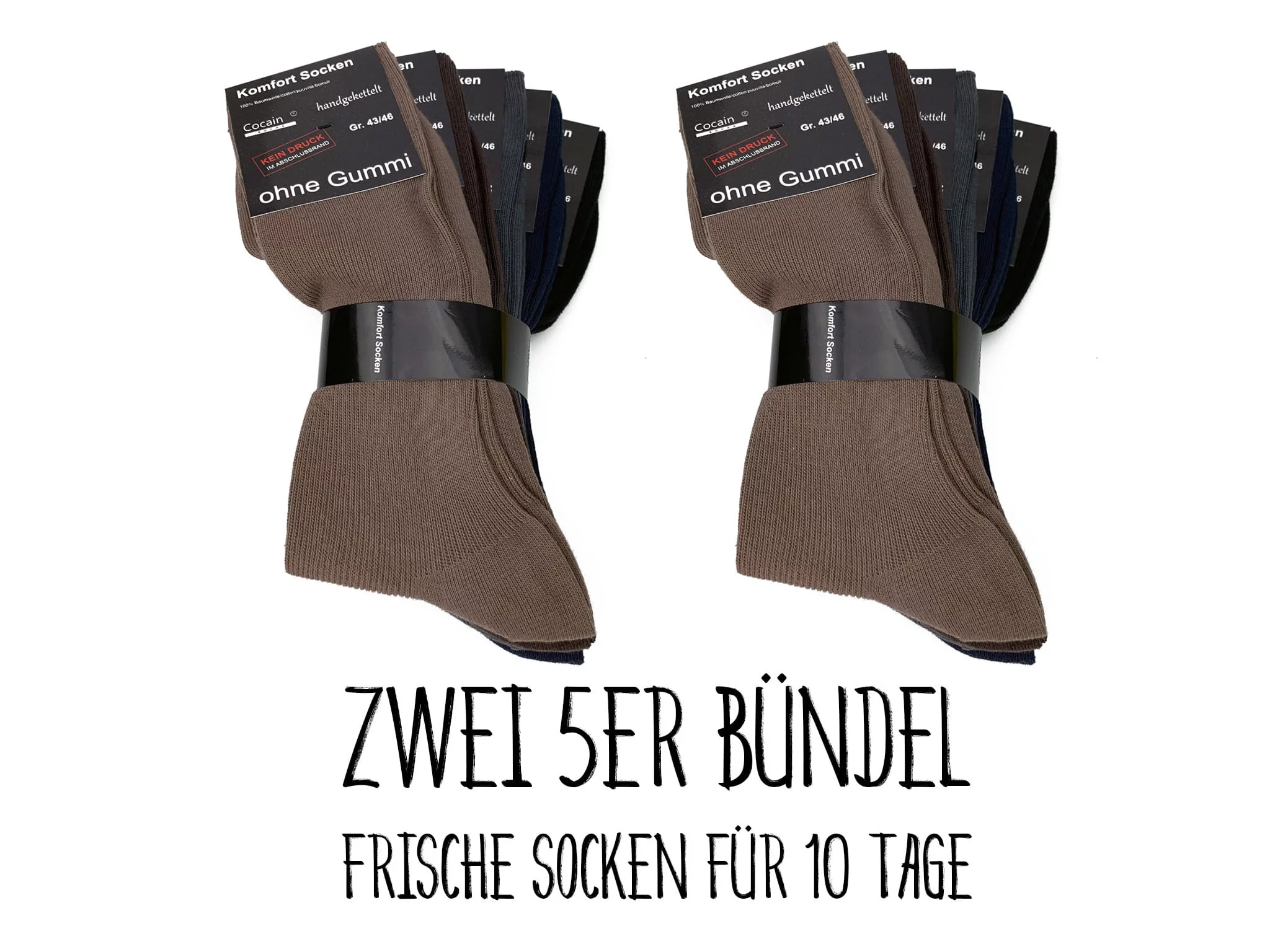 Baumwoll Komfort Socken in zwei 5er-Bündeln mit gedeckter Farbmischung auf weissem Hintergrund