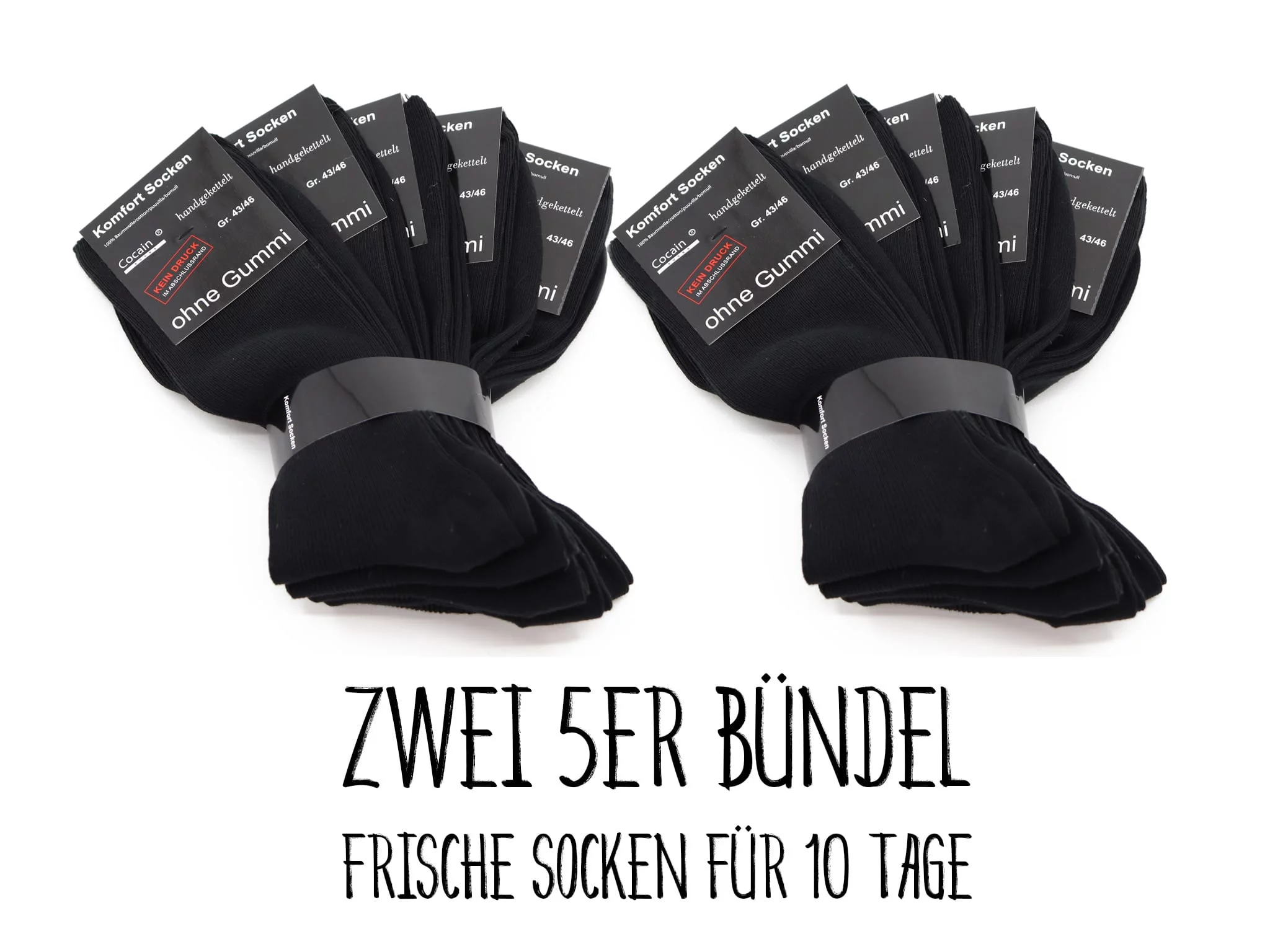 Baumwoll Komfort Socken in Schwarz als zwei gebündelte Sets für zehn Tage Vorrat