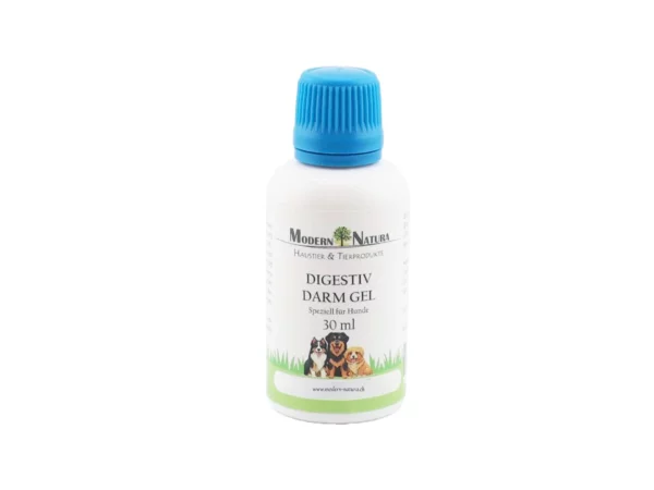 Gel intestinal Digestiv pour chiens dans une bouteille en plastique blanche avec bouchon à vis bleu sur fond blanc