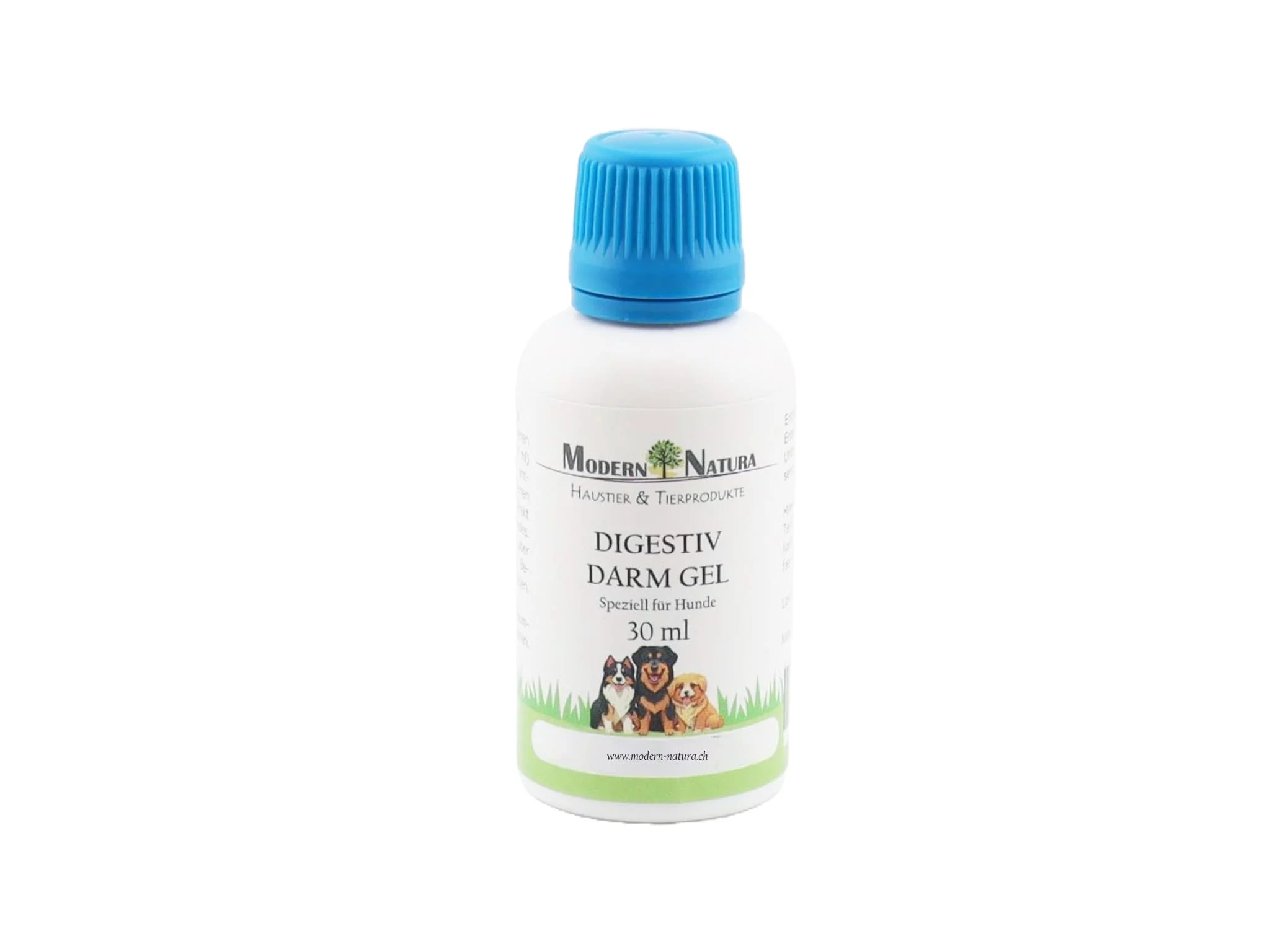 Gel intestinal Digestiv pour chiens dans une bouteille en plastique blanche avec bouchon à vis bleu sur fond blanc