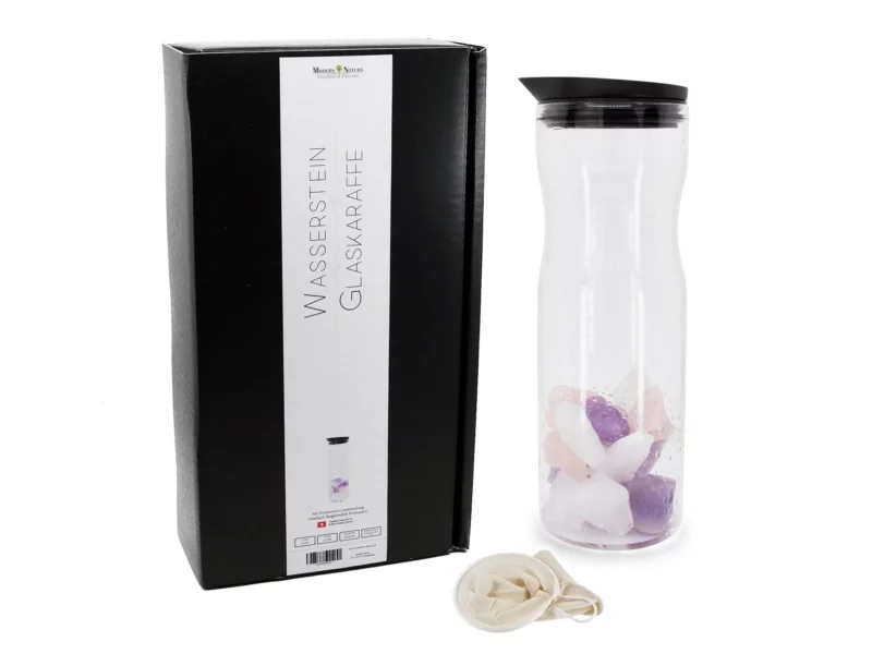 Crystal Water Stone Drinking Set with Glass Carafe, Rose-Violet Stones, Cotton Sieve, and Black Box