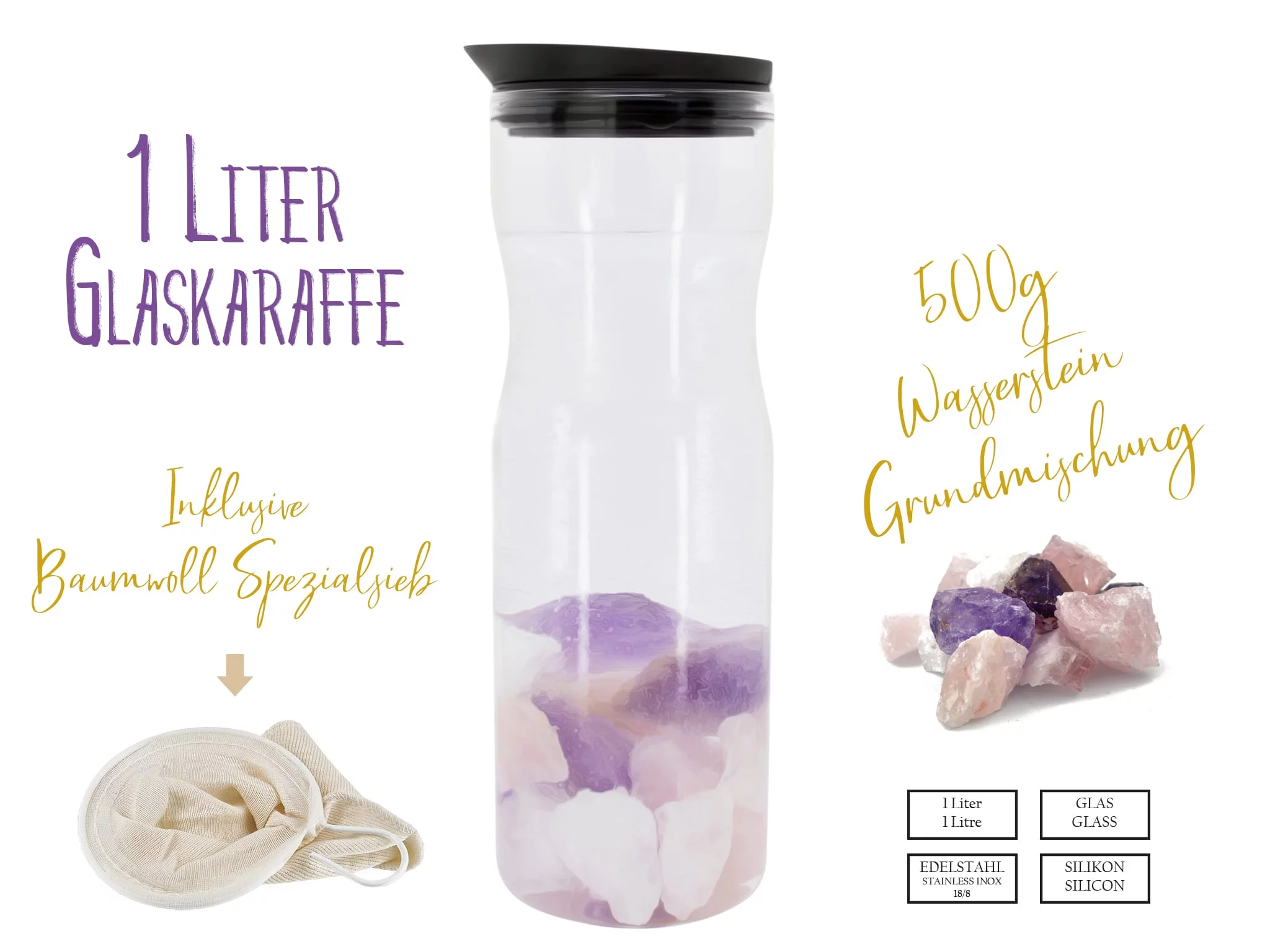 Edelstein Wasserstein Trinkset mit 1-Liter-Glaskaraffe, Baumwollsieb und Grundmischung im Überblick