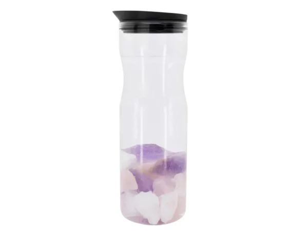 Edelstein Wasserstein Trinkset mit rosafarbenen, violetten und klaren Wassersteinen in der Glaskaraffe