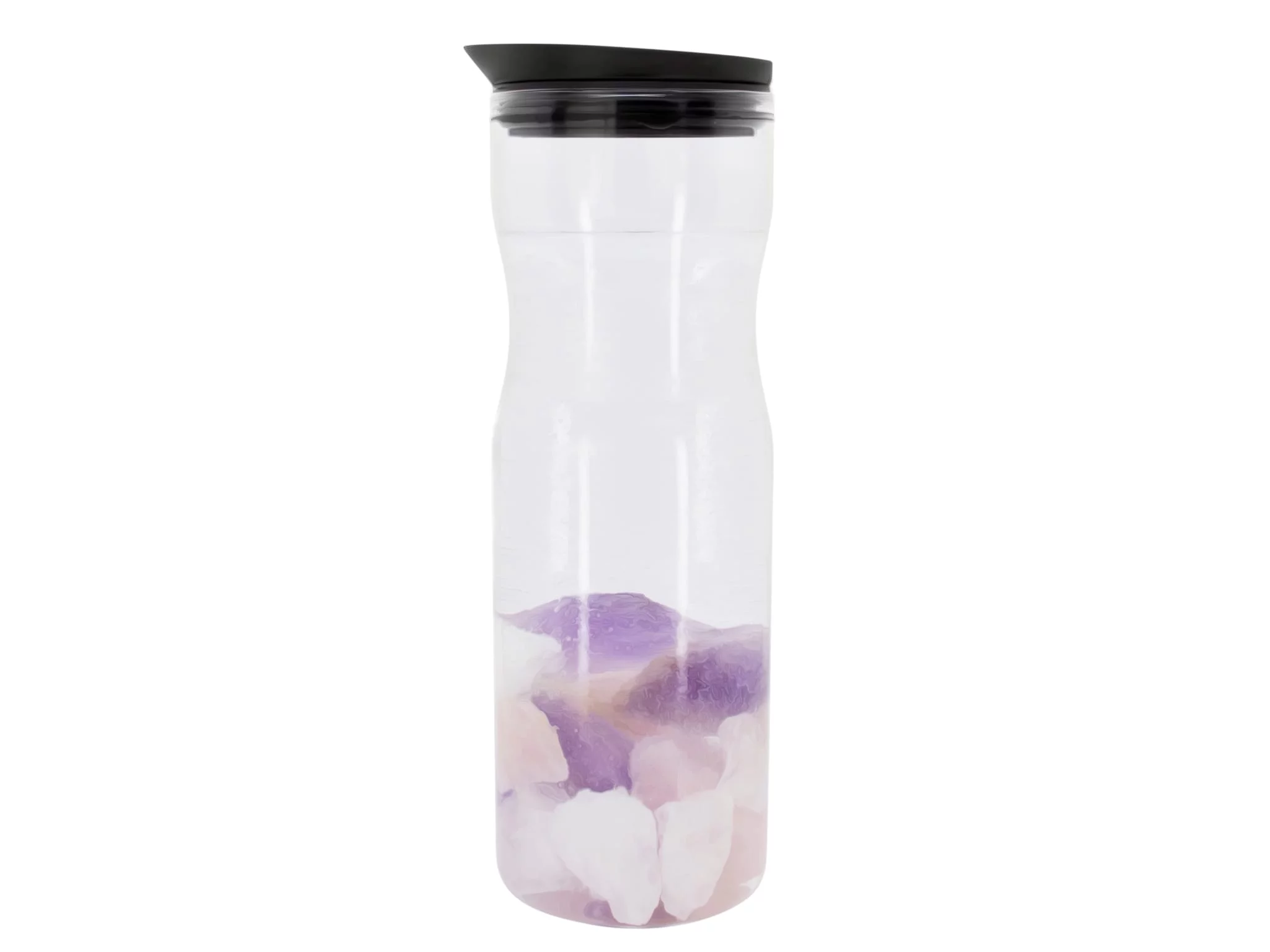 Edelstein Wasserstein Trinkset mit rosafarbenen, violetten und klaren Wassersteinen in der Glaskaraffe