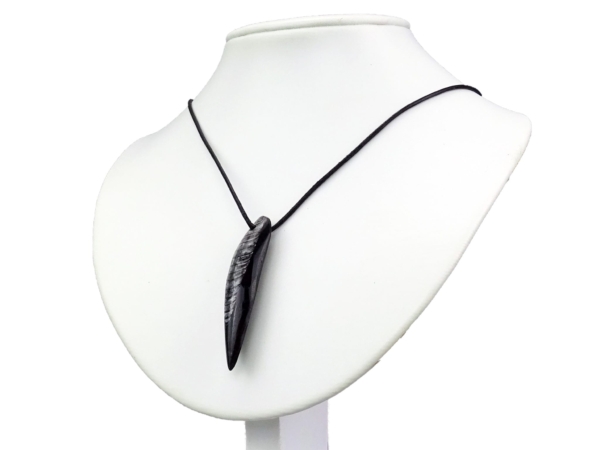 Orthoceras pendant shown worn on a black necklace on a white jewelry bust
