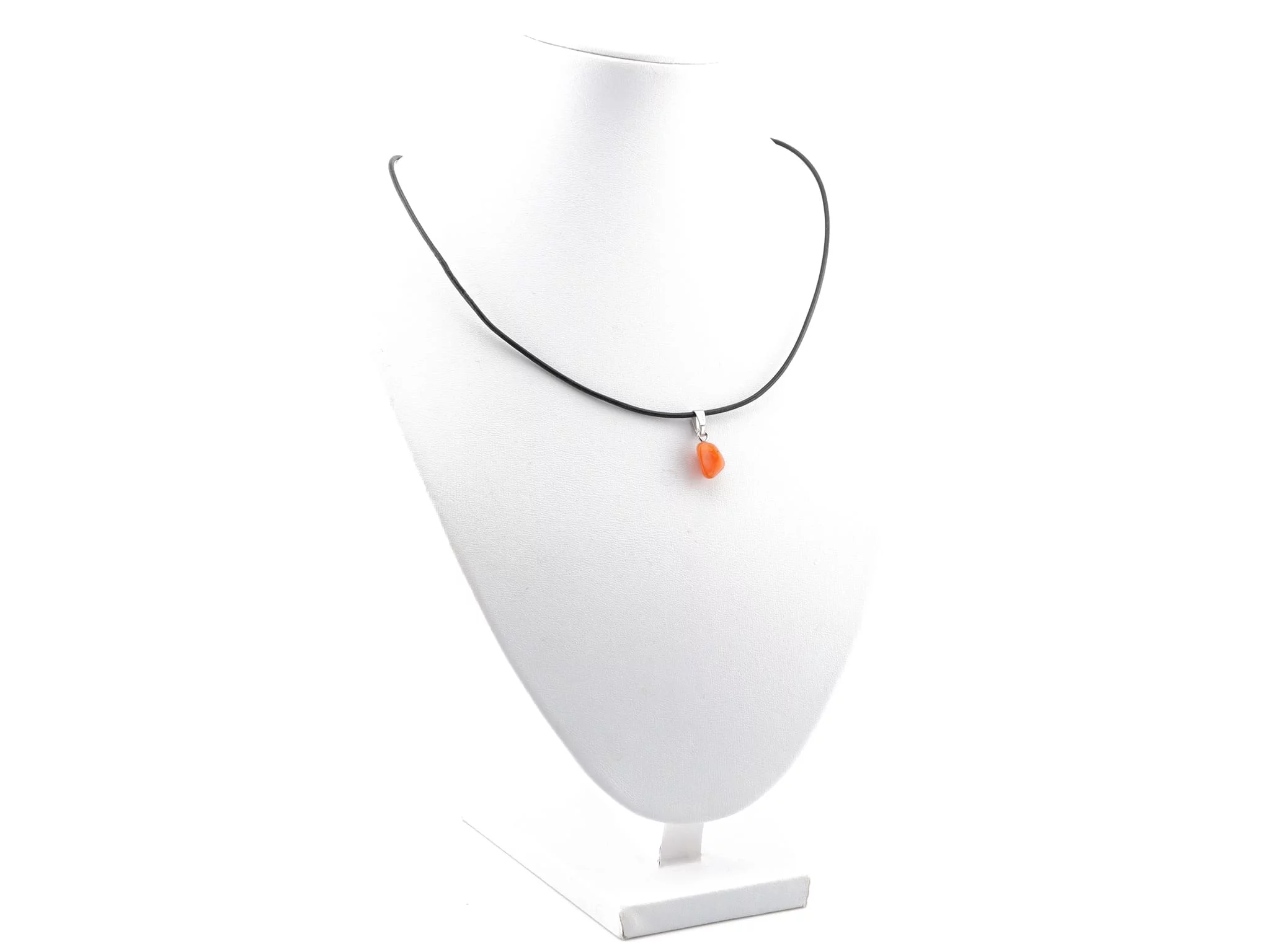 Fire opal gemstone pendant on a black necklace on a white jewellery stand