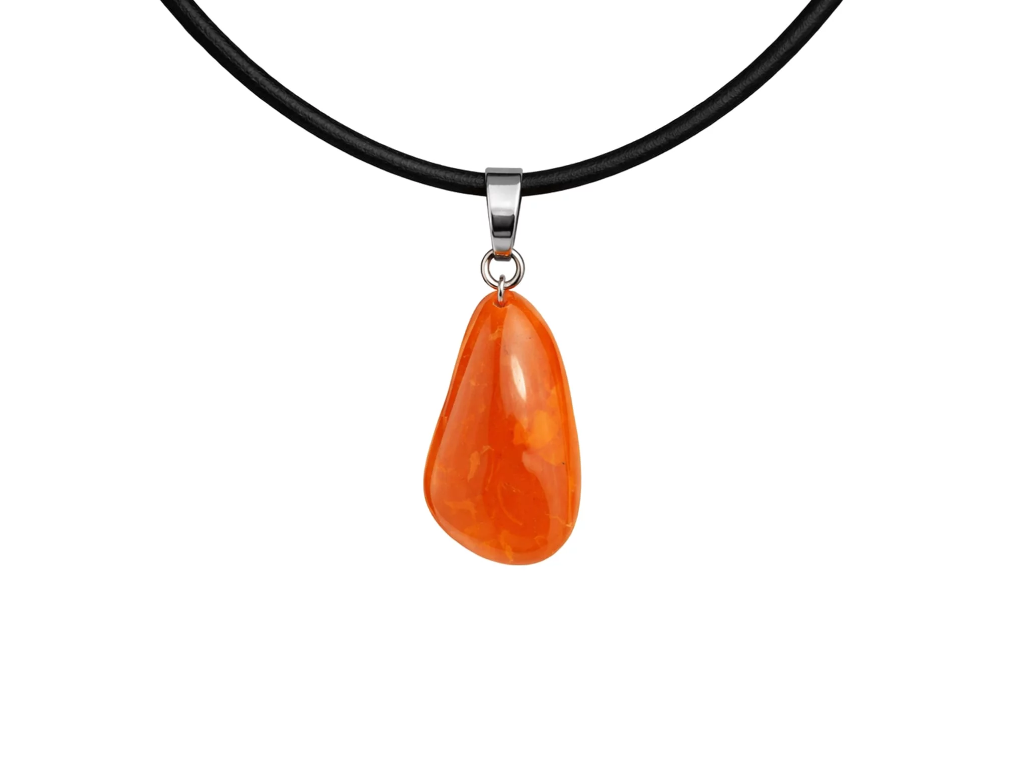 Fire opal gemstone pendant as an elongated orange drop on a black necklace
