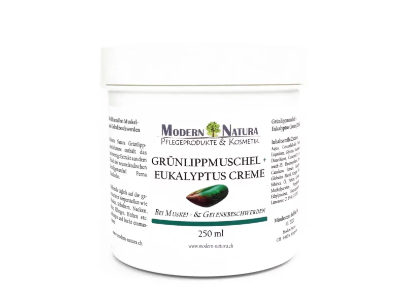 Grünlippmuschel Eukalyptus Balsam im weissen Kunststofftiegel mit sichtbarem Etikett