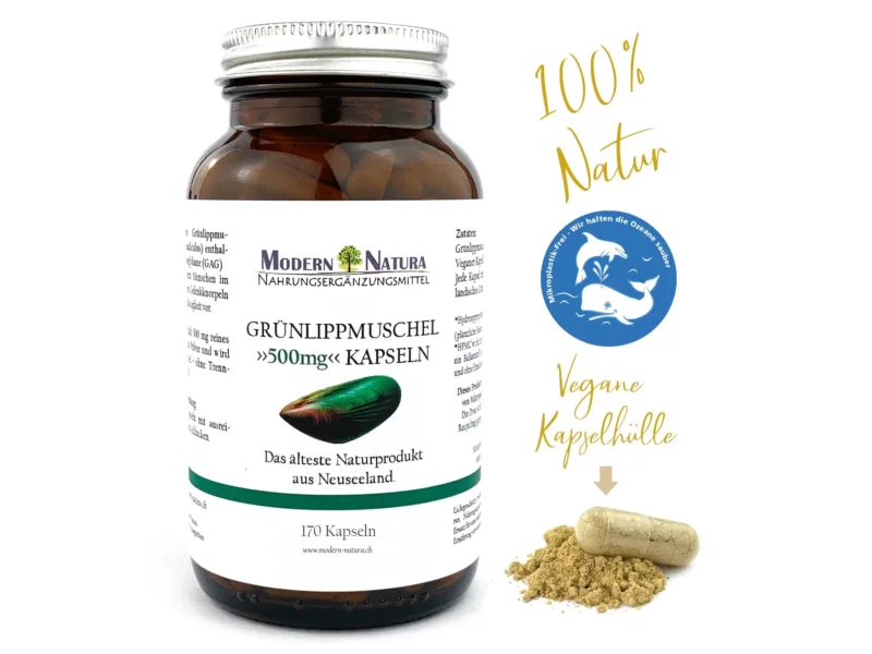 Grünlippmuschel Kapseln Produktansicht der Packung mit 170 Kapseln im Glas