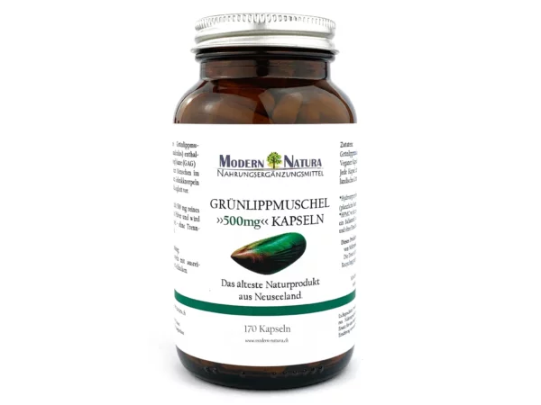 Grünlippmuschel Kapseln Detailansicht der Glasverpackung mit Produktetikett