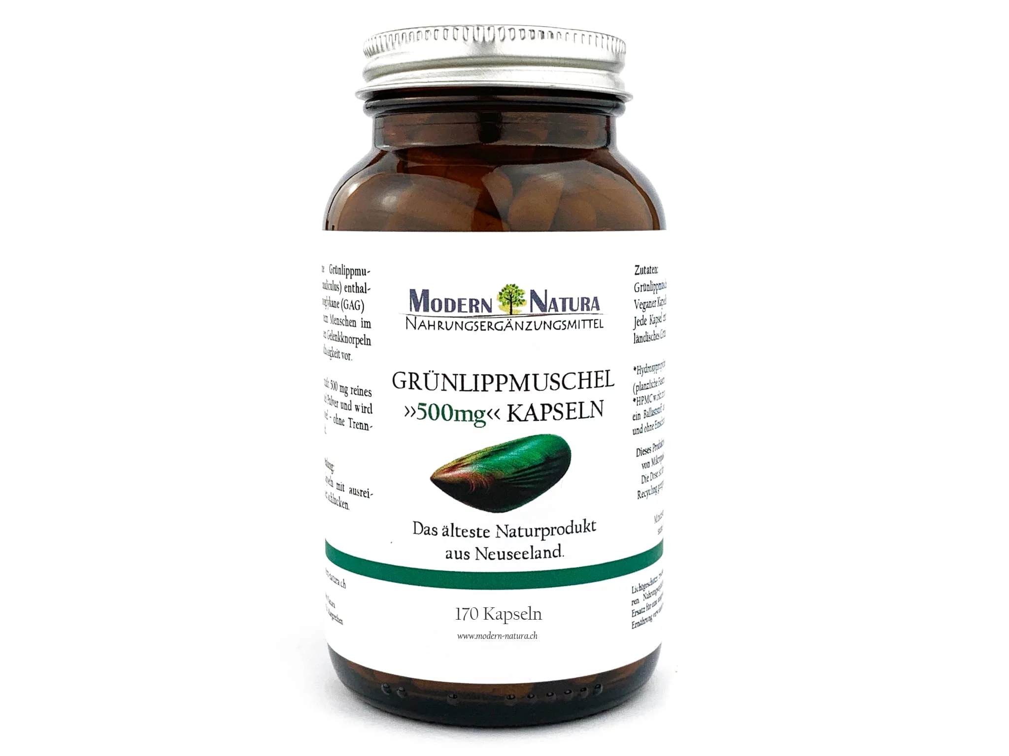 Grünlippmuschel Kapseln Detailansicht der Glasverpackung mit Produktetikett