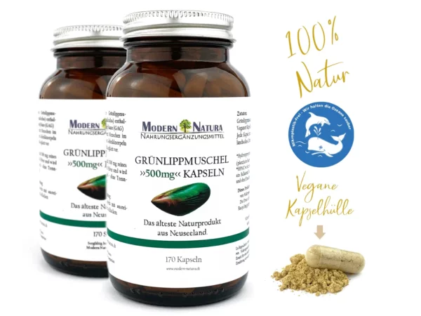 Green-lipped Mussel Capsules Double Pack with two jars and vegan formula on a light product view